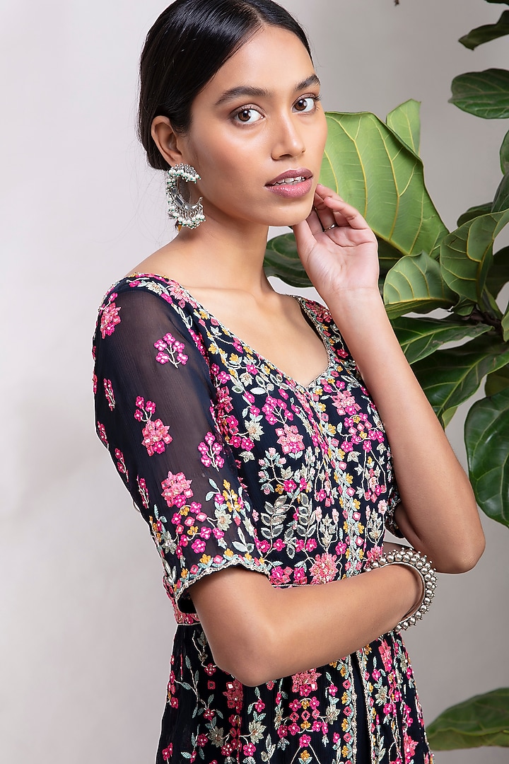 Navy Blue Embroidered Wedding Sharara Set by Aneesh Agarwaal PRET at Pernia's Pop Up Shop