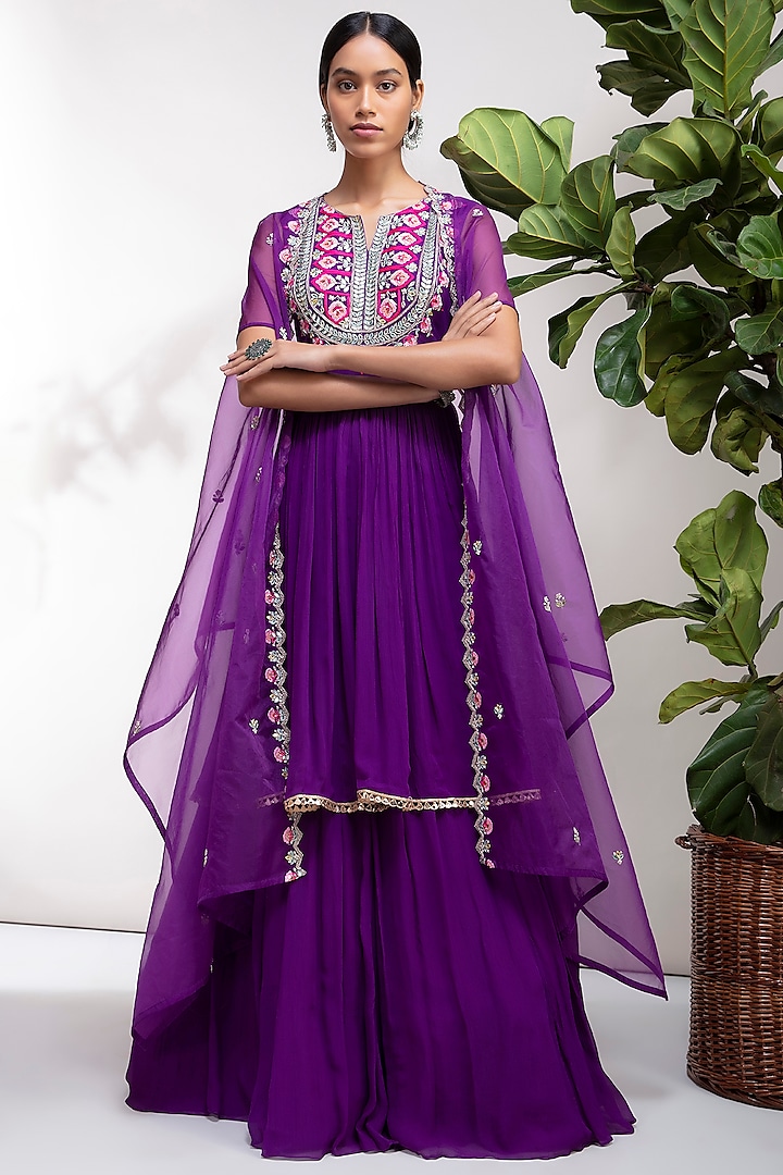 Purple Embroidered Lehenga Set by Aneesh Agarwaal PRET