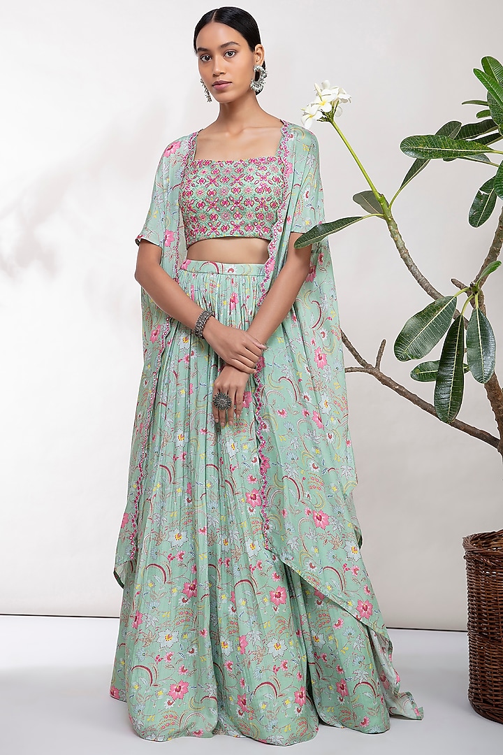 Mint Green Thread Embroidered Lehenga Set by Aneesh Agarwaal PRET