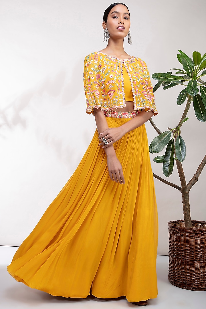 Yellow Mirror Embroidered Lehenga Set by Aneesh Agarwaal PRET