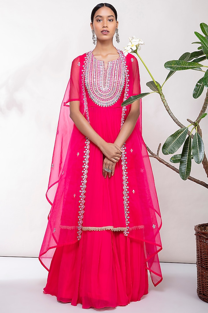 Hot Pink Embroidered Lehenga Set by Aneesh Agarwaal PRET