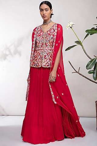 Red Embroidered Lehenga Set by Aneesh Agarwaal PRET