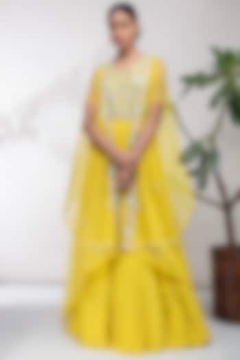 Yellow Embroidered Chiffon Lehenga Set by Aneesh Agarwaal PRET
