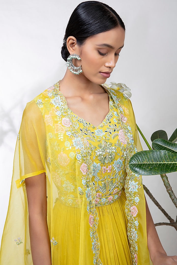 Yellow Embroidered Chiffon Lehenga Set by Aneesh Agarwaal PRET at Pernia's Pop Up Shop