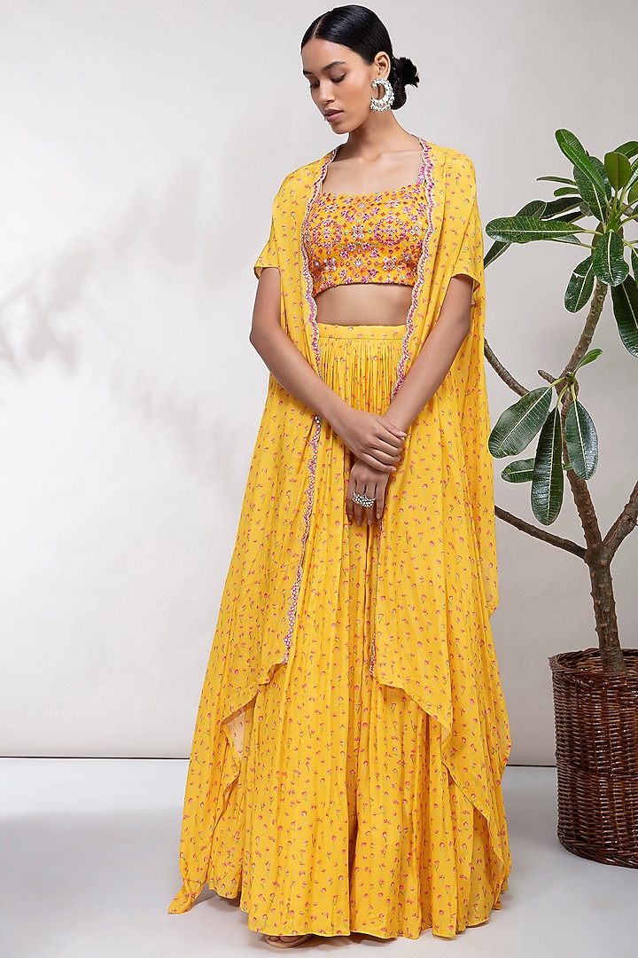 Yellow Embroidered Printed Wedding Lehenga Set by Aneesh Agarwaal PRET at Pernia's Pop Up Shop