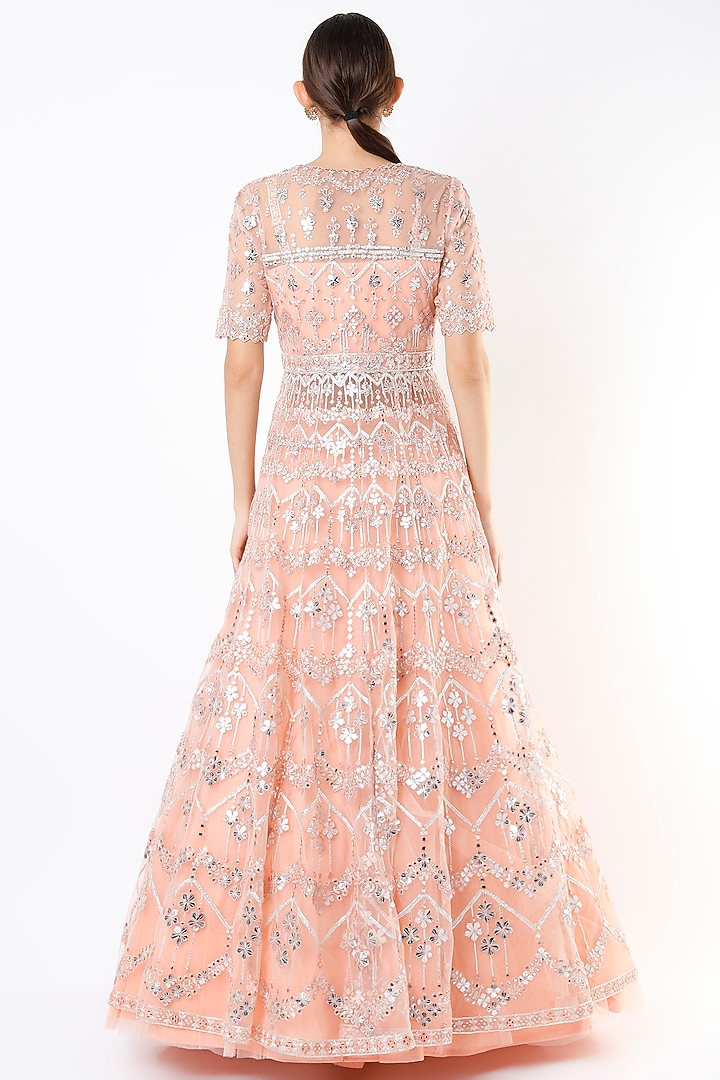 Peach Net Embroidered Jacket Bridal Lehenga Set by Aneesh Agarwaal at Pernia's Pop Up Shop