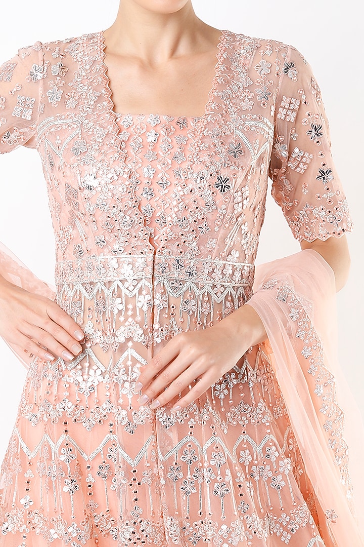Peach Net Embroidered Jacket Bridal Lehenga Set by Aneesh Agarwaal at Pernia's Pop Up Shop