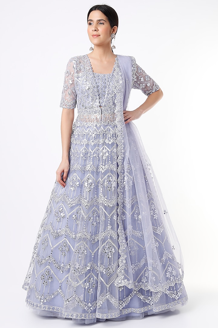 Periwinkle Net Embroidered Jacket Lehenga Set by Aneesh Agarwaal