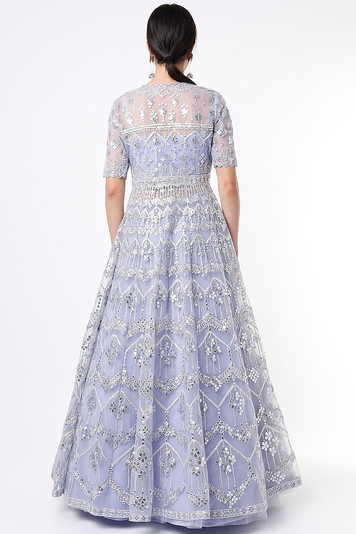 Periwinkle Net Embroidered Jacket Bridal Lehenga Set by Aneesh Agarwaal at Pernia's Pop Up Shop