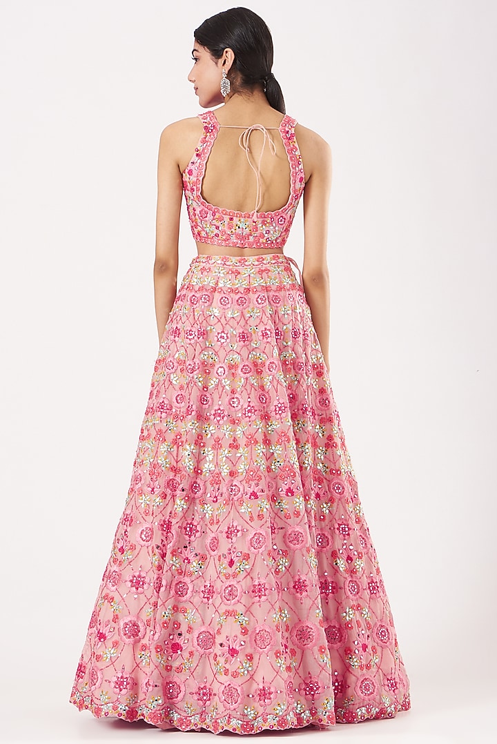 Coral Pink Embroidered Bridal Lehenga Set by Aneesh Agarwaal at Pernia's Pop Up Shop