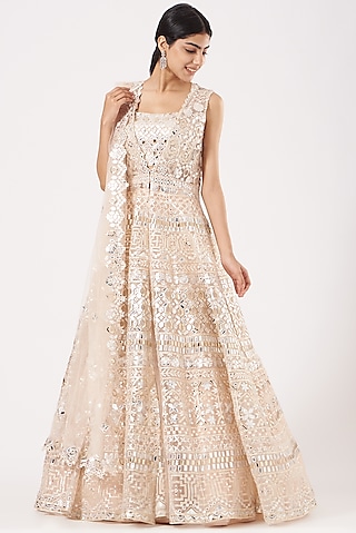 Beige Net Anarkali With Jacket by Aneesh Agarwaal