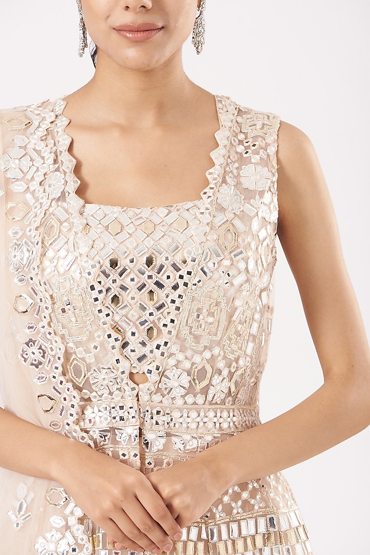 Beige Net Bridal Anarkali With Jacket by Aneesh Agarwaal at Pernia's Pop Up Shop