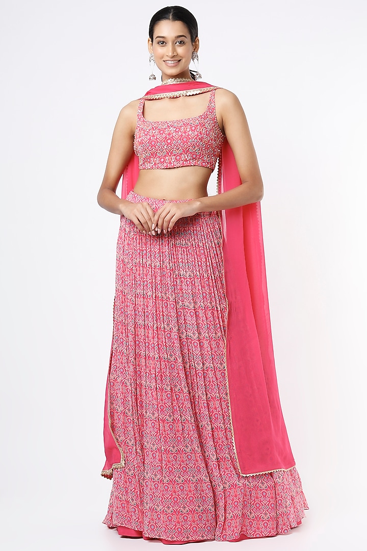 Pink Floral Printed Lehenga set by Aneesh Agarwaal PRET