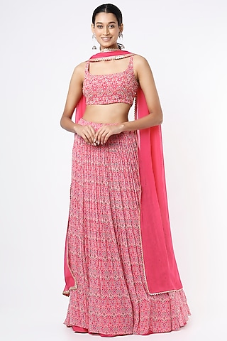 Pink Floral Printed Lehenga set by Aneesh Agarwaal PRET