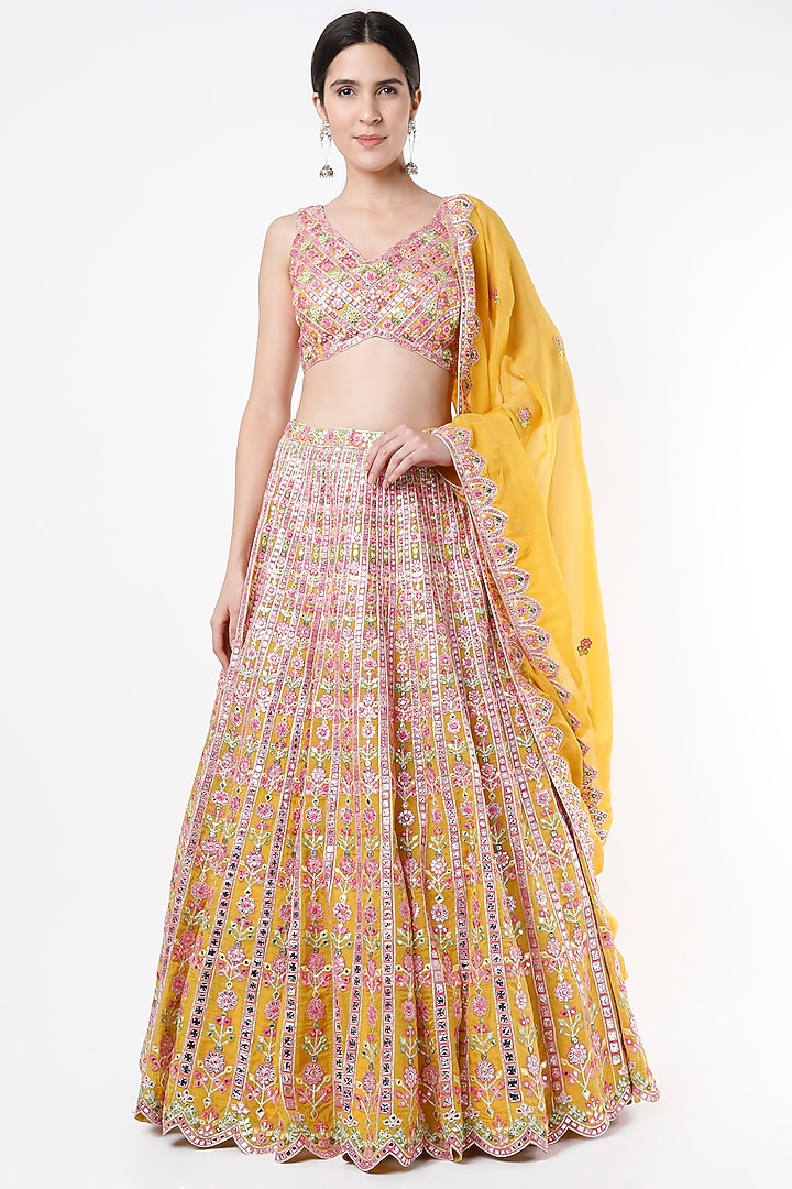 Dandelion Yellow Embroidered Wedding Lehenga Set by Aneesh Agarwaal at Pernia's Pop Up Shop