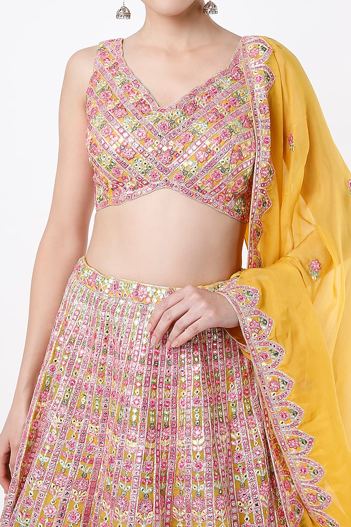 Dandelion Yellow Embroidered Wedding Lehenga Set by Aneesh Agarwaal at Pernia's Pop Up Shop