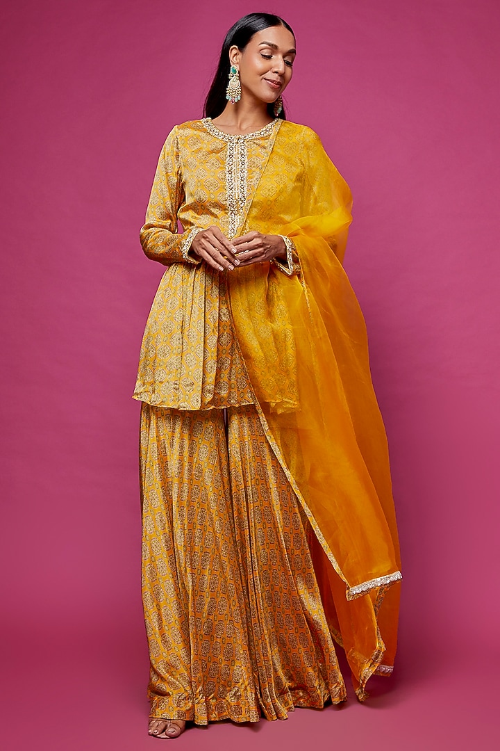 Yellow Silk Printed Wedding Sharara Set by Aneesh Agarwaal PRET at Pernia's Pop Up Shop