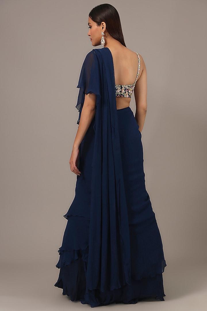 Navy Blue Chiffon Layered Wedding Saree Set by Aneesh Agarwaal PRET at Pernia's Pop Up Shop