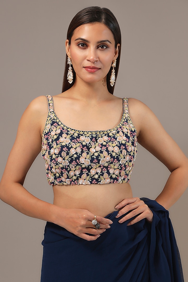 Navy Blue Chiffon Layered Wedding Saree Set by Aneesh Agarwaal PRET at Pernia's Pop Up Shop