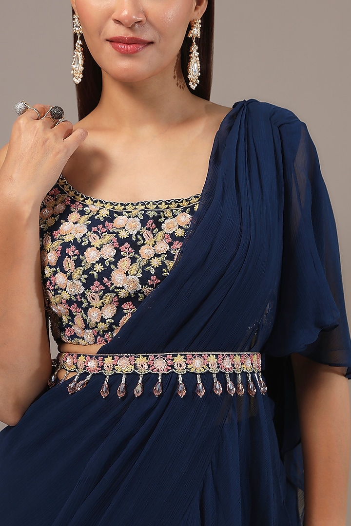 Navy Blue Chiffon Layered Wedding Saree Set by Aneesh Agarwaal PRET at Pernia's Pop Up Shop