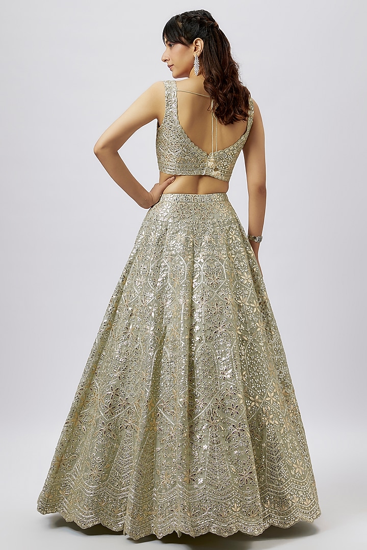 Green Organza Embroidered Bridal Lehenga Set by Aneesh Agarwaal at Pernia's Pop Up Shop