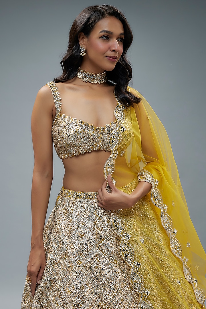 Lime Net Embroidered Bridal Lehenga Set by Aneesh Agarwaal at Pernia's Pop Up Shop
