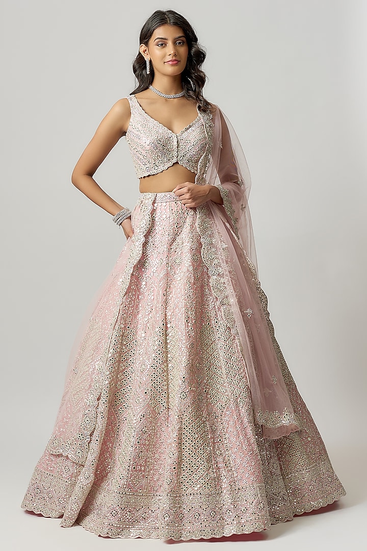 Blush Pink Organza Mirror Embroidered Bridal Lehenga Set by Aneesh Agarwaal at Pernia's Pop Up Shop