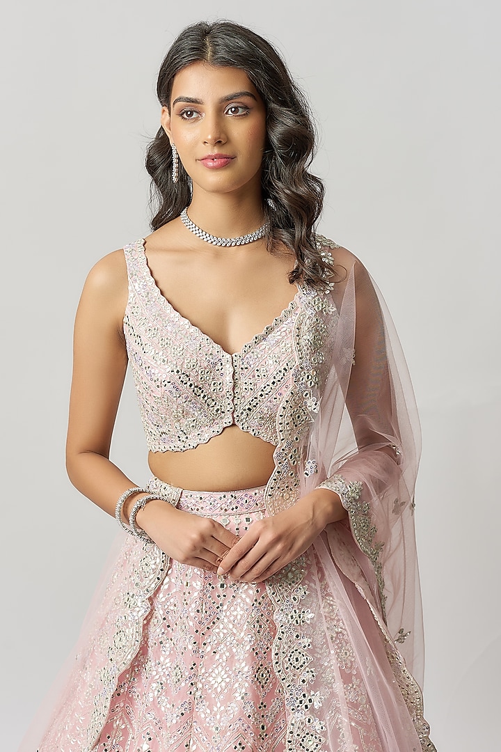 Blush Pink Organza Mirror Embroidered Bridal Lehenga Set by Aneesh Agarwaal at Pernia's Pop Up Shop