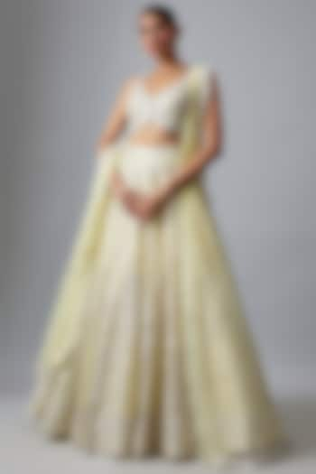 Pale Yellow Organza Mirror Work Bridal Lehenga Set by Aneesh Agarwaal at Pernia's Pop Up Shop