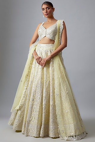 Pale Yellow Organza Mirror Work Lehenga Set by Aneesh Agarwaal