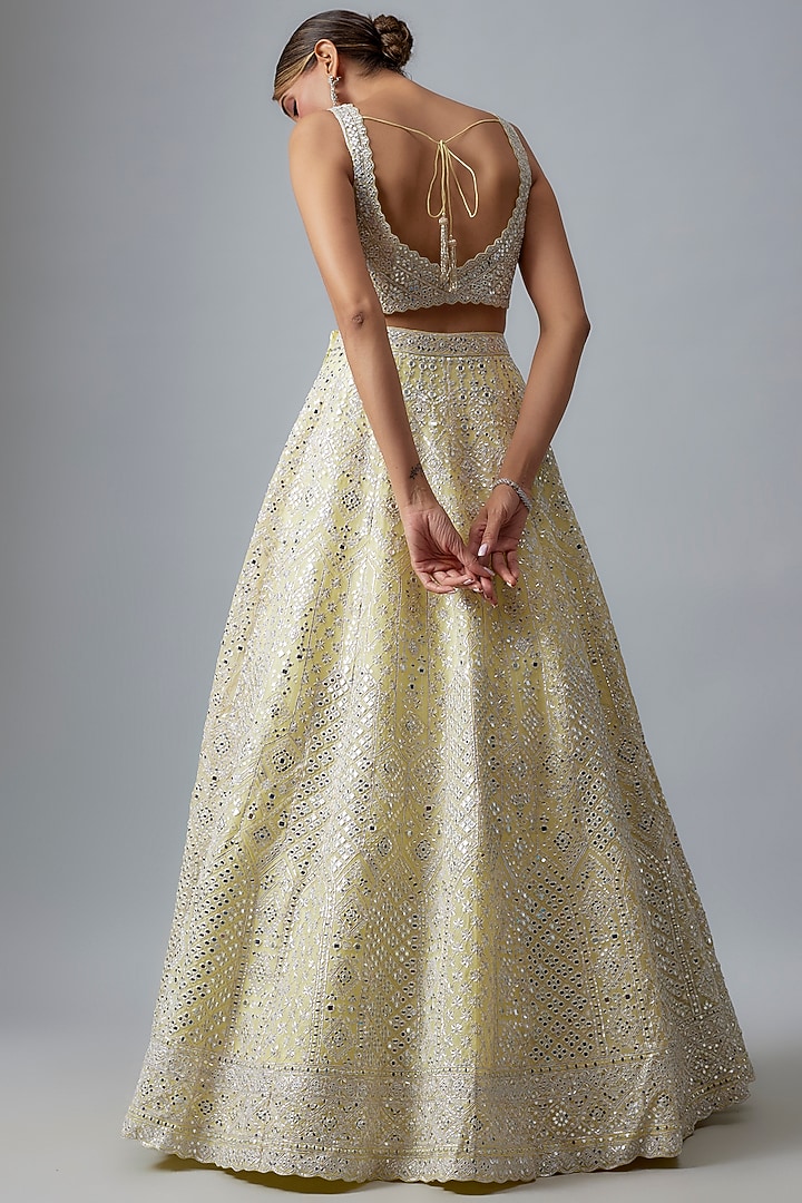 Pale Yellow Organza Mirror Work Bridal Lehenga Set by Aneesh Agarwaal at Pernia's Pop Up Shop