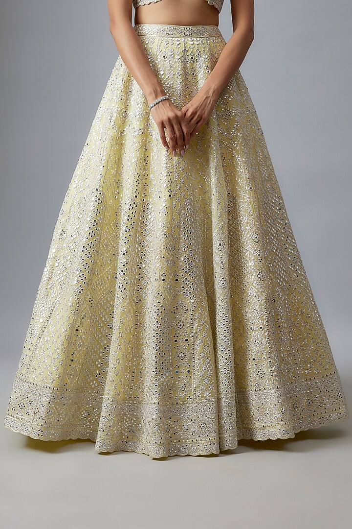 Pale Yellow Organza Mirror Work Bridal Lehenga Set by Aneesh Agarwaal at Pernia's Pop Up Shop