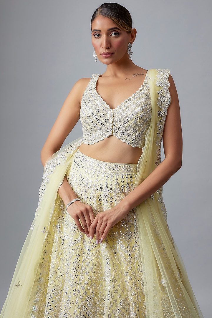 Pale Yellow Organza Mirror Work Bridal Lehenga Set by Aneesh Agarwaal at Pernia's Pop Up Shop