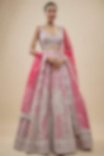 Hot Pink Organza Mirror Embroidered Bridal Lehenga Set by Aneesh Agarwaal at Pernia's Pop Up Shop