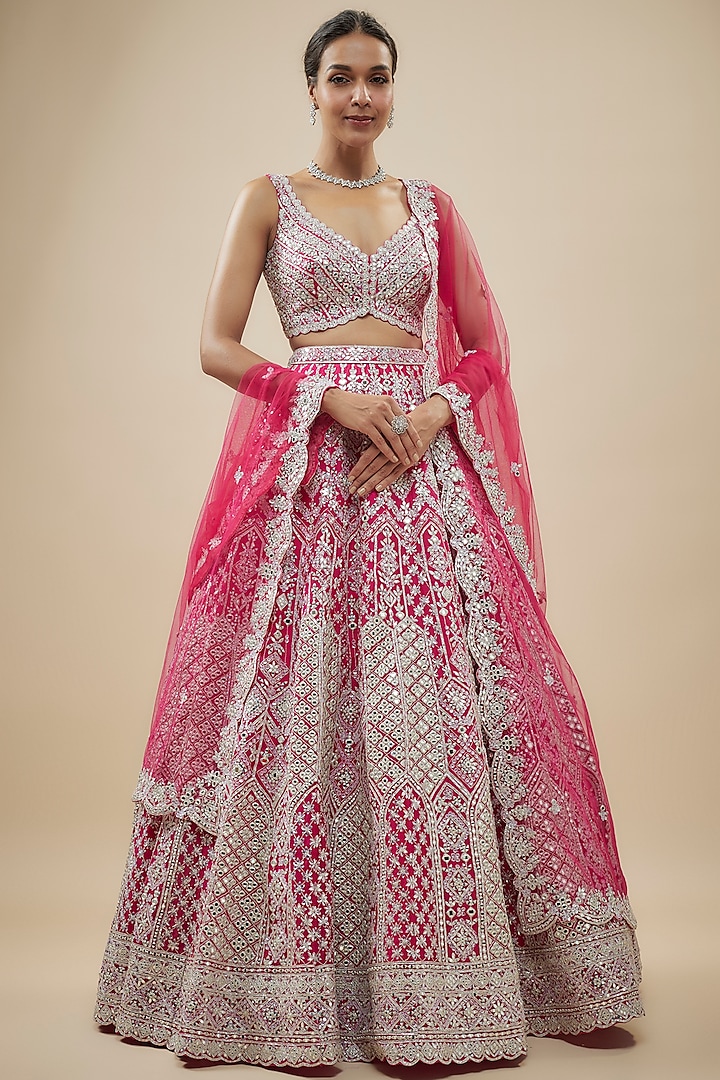 Hot Pink Organza Mirror Embroidered Bridal Lehenga Set by Aneesh Agarwaal at Pernia's Pop Up Shop