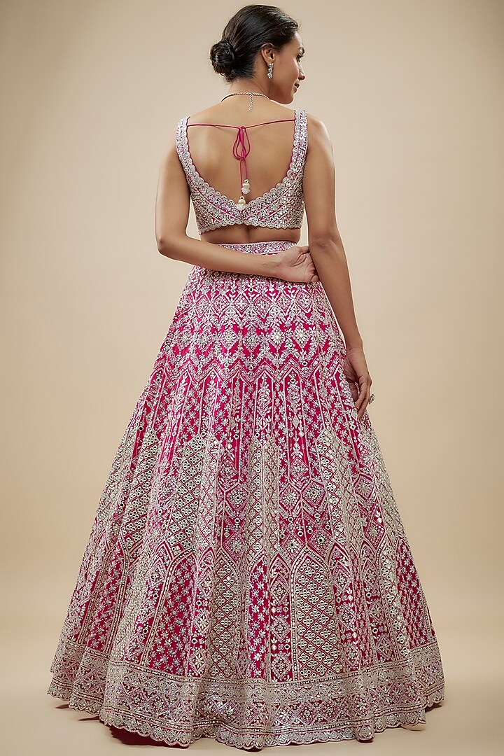 Hot Pink Organza Mirror Embroidered Bridal Lehenga Set by Aneesh Agarwaal at Pernia's Pop Up Shop