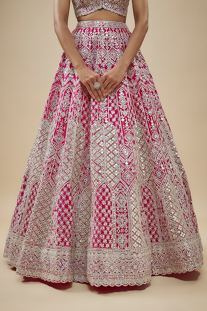 Hot Pink Organza Mirror Embroidered Bridal Lehenga Set by Aneesh Agarwaal at Pernia's Pop Up Shop