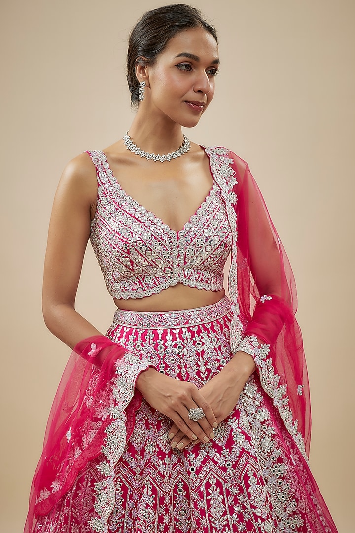 Hot Pink Organza Mirror Embroidered Bridal Lehenga Set by Aneesh Agarwaal at Pernia's Pop Up Shop