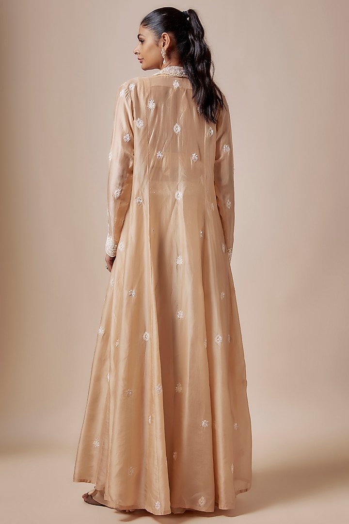Beige Gold Organza Cutdana Hand Embroidered Jacket Set by Aneesh Agarwaal at Pernia's Pop Up Shop