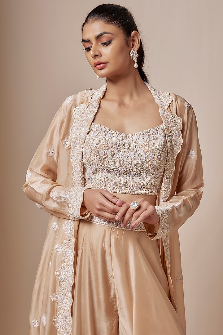 Beige Gold Organza Cutdana Hand Embroidered Jacket Set by Aneesh Agarwaal at Pernia's Pop Up Shop