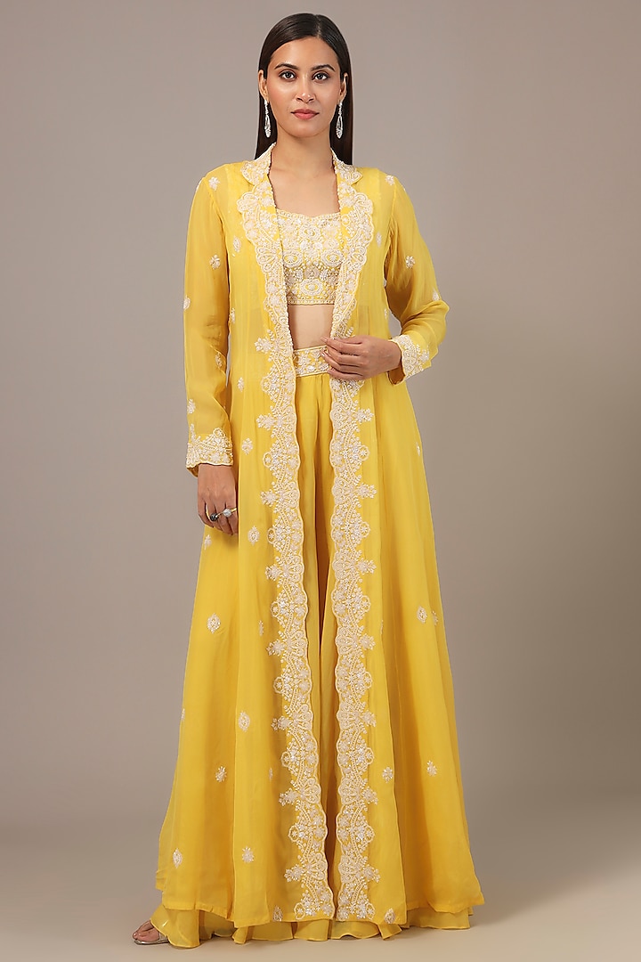 Yellow Organza Cutdana & Pearl Embroidered Jacket Set by Aneesh Agarwaal at Pernia's Pop Up Shop