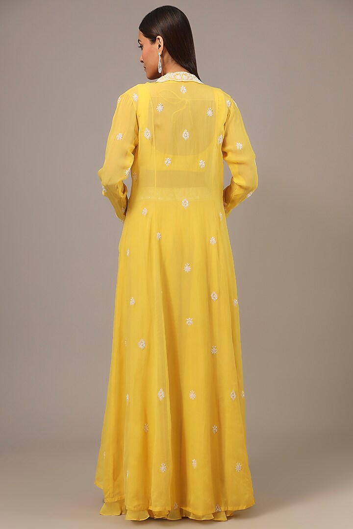 Yellow Organza Cutdana & Pearl Embroidered Jacket Set by Aneesh Agarwaal at Pernia's Pop Up Shop