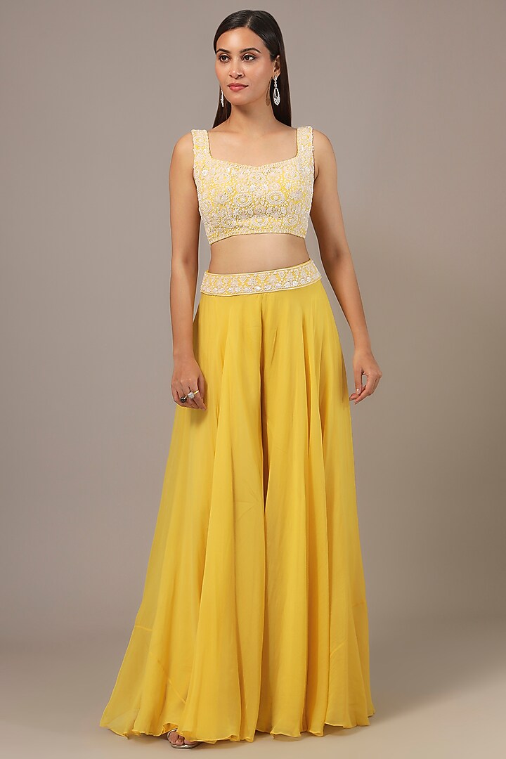 Yellow Organza Cutdana & Pearl Embroidered Jacket Set by Aneesh Agarwaal at Pernia's Pop Up Shop