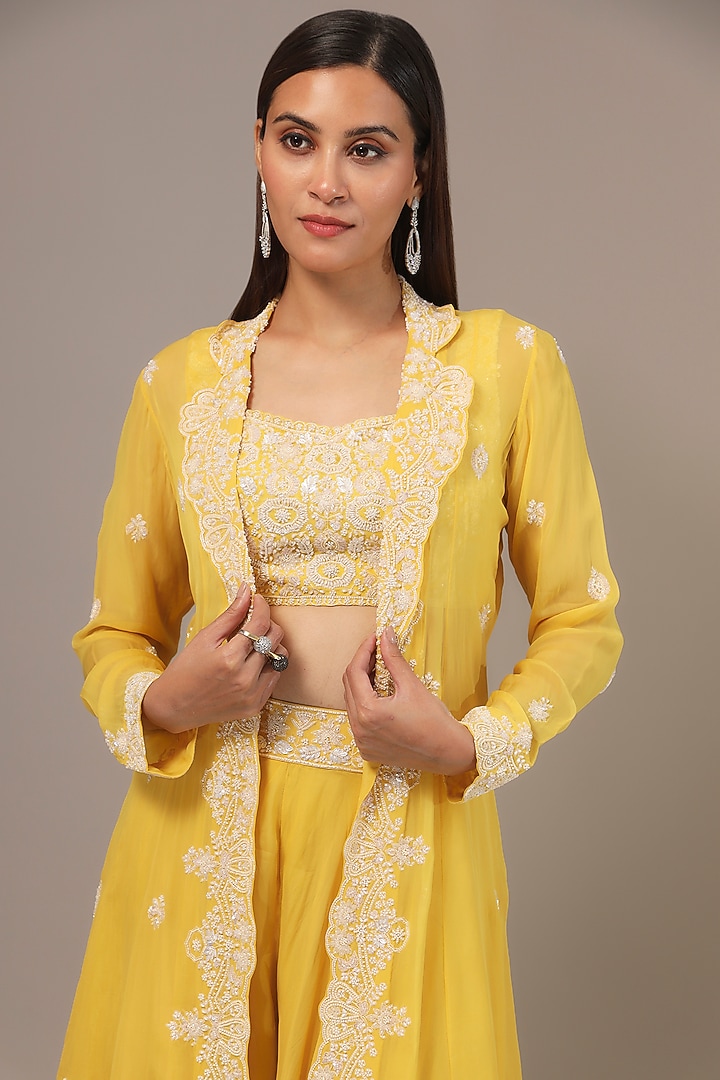 Yellow Organza Cutdana & Pearl Embroidered Jacket Set by Aneesh Agarwaal at Pernia's Pop Up Shop
