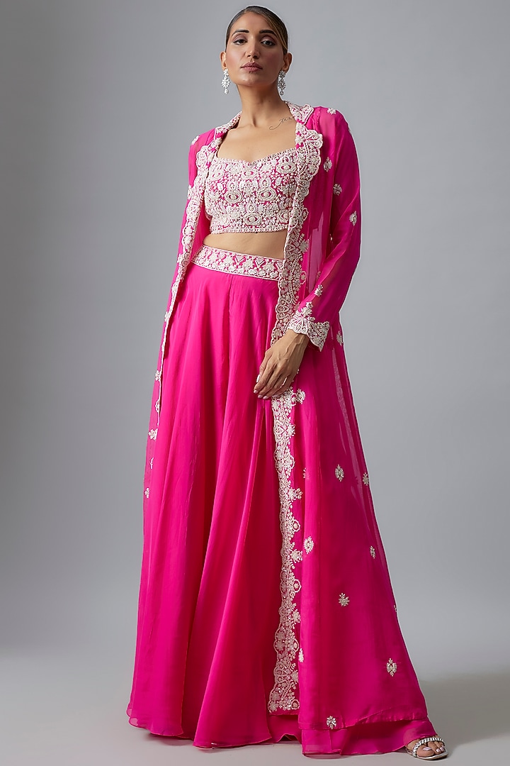 Hot Pink Organza Pearl Embroidered Cape Set by Aneesh Agarwaal at Pernia's Pop Up Shop