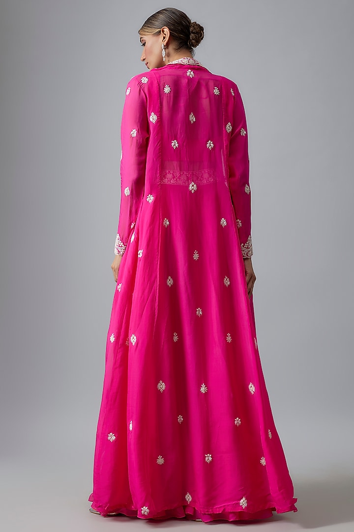 Hot Pink Organza Pearl Embroidered Cape Set by Aneesh Agarwaal at Pernia's Pop Up Shop