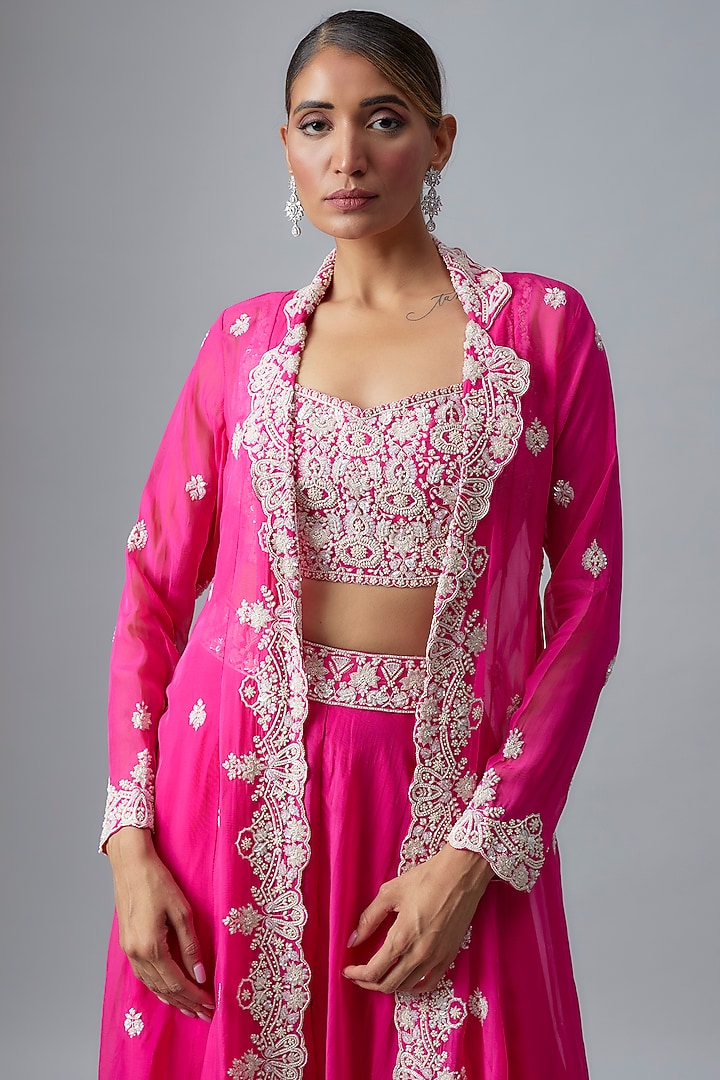Hot Pink Organza Pearl Embroidered Cape Set by Aneesh Agarwaal at Pernia's Pop Up Shop