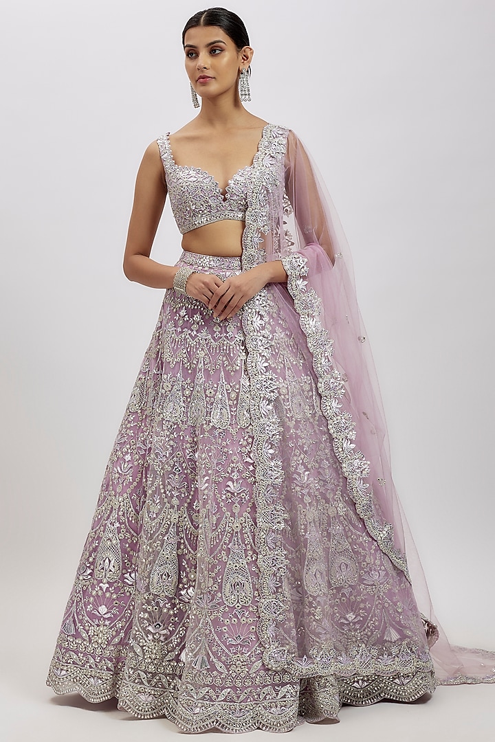 Lilac Net Bridal Lehenga Set by Aneesh Agarwaal at Pernia's Pop Up Shop
