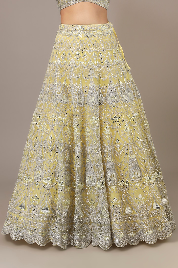 Pale Yellow Net Mirror Embroidered Scalloped Bridal Lehenga Set by Aneesh Agarwaal at Pernia's Pop Up Shop