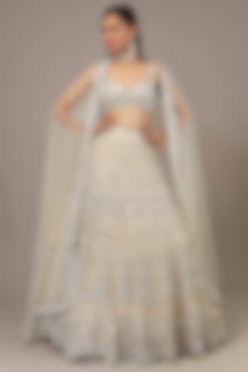 Ivory Net Mirror Embroidered Scalloped Bridal Lehenga Set by Aneesh Agarwaal at Pernia's Pop Up Shop